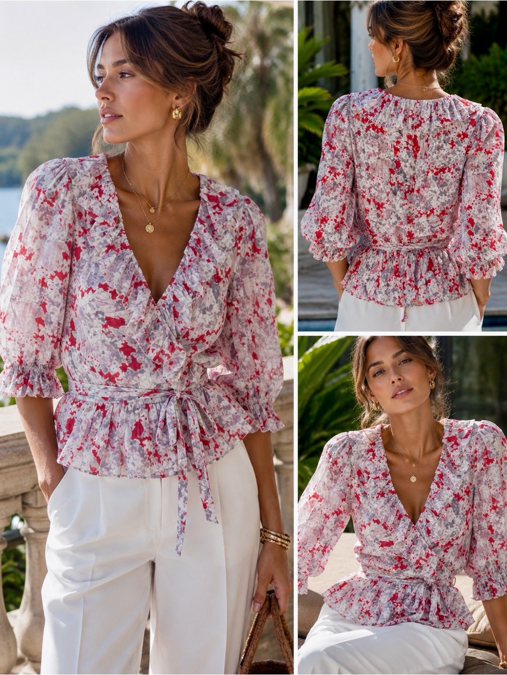 Polo Ralph Lauren Basil Floral Ruffle Peplum Cotton Blouse NWT Large L Red